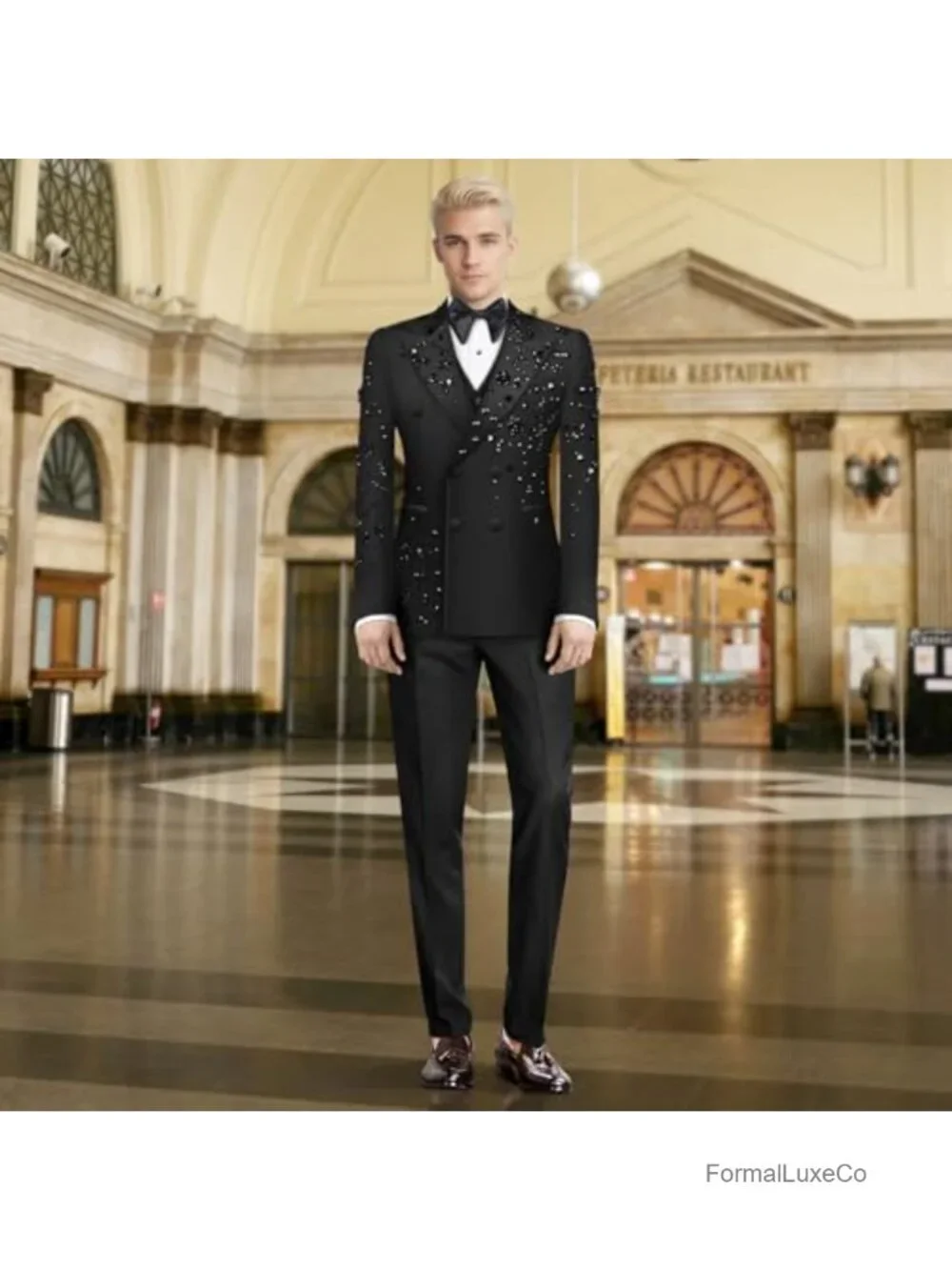 Men's Double Breasted Slim Fit Tuxedo Suit Set with Rhinestone Beading